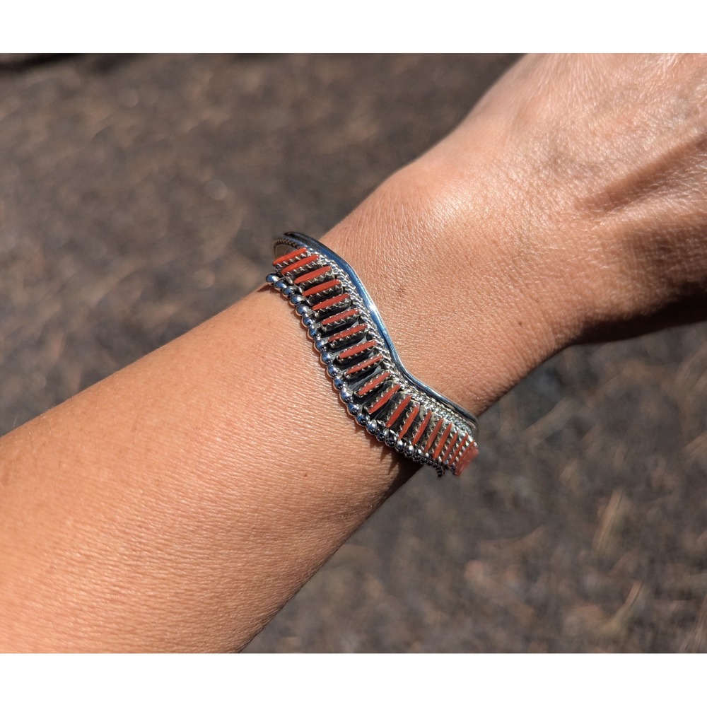 Navajo Needlepoint Coral Cuff Bracelet Sterling Silver Native Am‎ Size 6.75in**